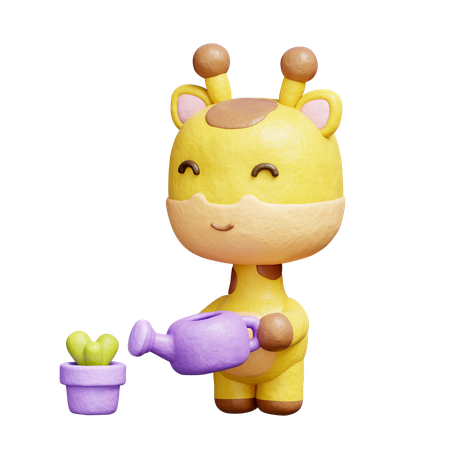Free Girafa fofa regando planta  3D Icon