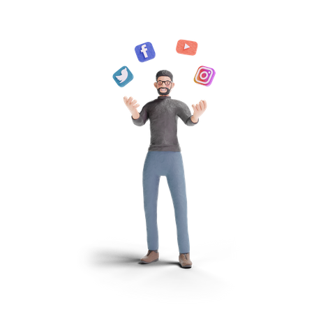 Free Hipster man with social media  3D Illustration