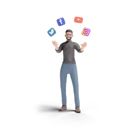 Free Hipster man with social media  3D Illustration