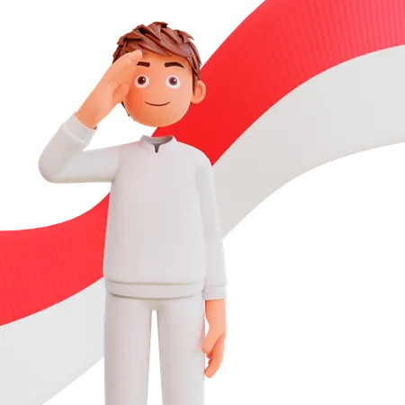 Free Indonesian man saluting flag  3D Illustration