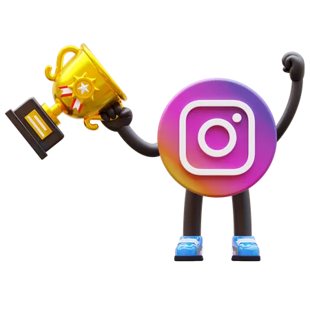 Free Instagram Logo Celebrate And Holding Golden Trophy  3D Illustration