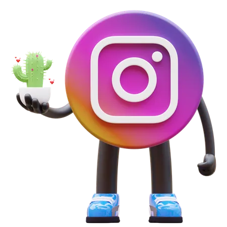 Free Instagram Logo Holding Cactus With Hearts  3D Illustration