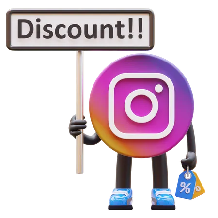 Free Instagram Logo Holding Discount Sign  3D Illustration