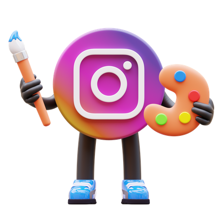 Free Instagram Logo Holding Paintbrush And Palette  3D Illustration
