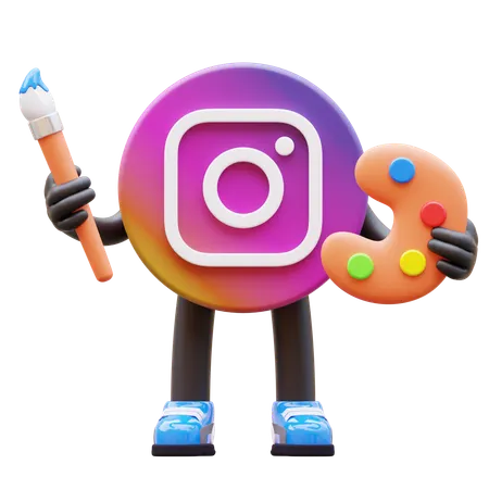 Free Instagram Logo Holding Paintbrush And Palette  3D Illustration