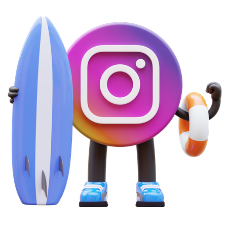 Free 서핑보드와 구명부표를 들고 있는 인스타그램 로고  3D Illustration
