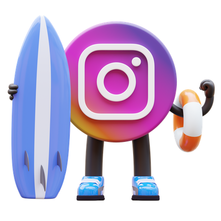 Free Instagram Logo Holding Surfboard And Lifebuoy  3D Illustration