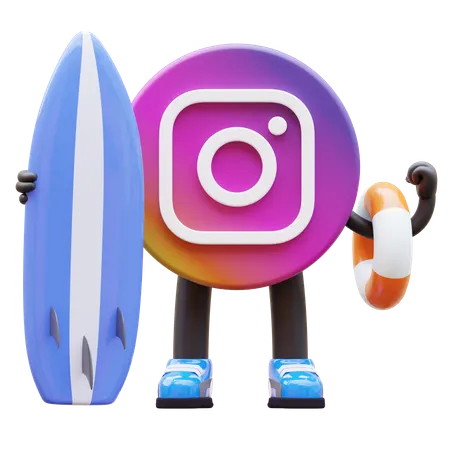 Free Instagram Logo Holding Surfboard And Lifebuoy  3D Illustration