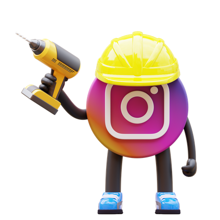 Free Instagram Logo Mascot Holding Drill  3D Illustration