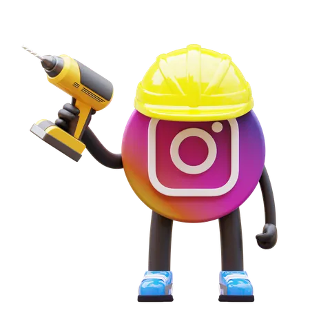Free Instagram Logo Mascot Holding Drill  3D Illustration