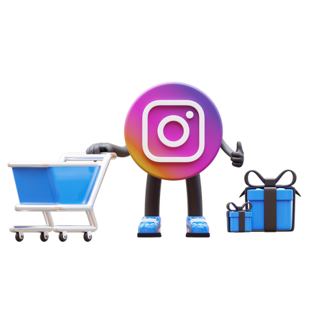 Free Instagram Logo Pushes Shopping Cart With Gift Boxes  3D Illustration