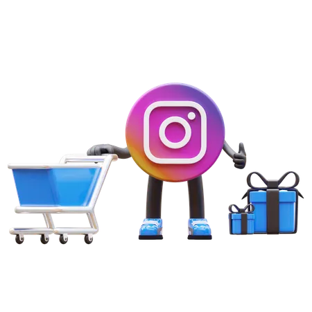 Free Instagram Logo Pushes Shopping Cart With Gift Boxes  3D Illustration
