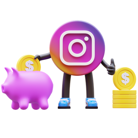 Free Instagram Logo Saving Money In Piggy Bank  3D Illustration
