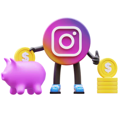 Free Instagram Logo Saving Money In Piggy Bank  3D Illustration