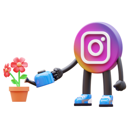 Free Instagram Logo Watering Flower In Pot  3D Illustration