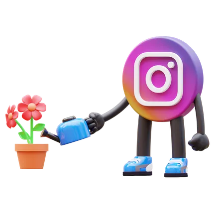Free Instagram Logo Watering Flower In Pot  3D Illustration