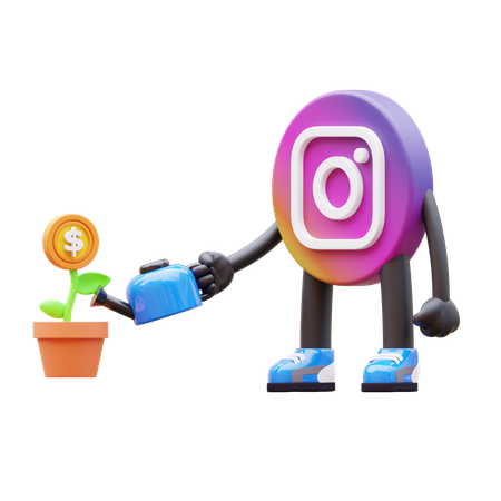 Free Instagram Logo Watering Money Plant  3D Illustration