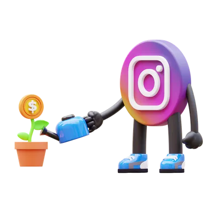 Free Instagram Logo Watering Money Plant  3D Illustration