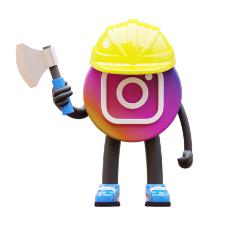 Free Instagram Logo Wearing Hard Hat Holding Axe  3D Illustration