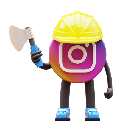 Free Instagram Logo Wearing Hard Hat Holding Axe  3D Illustration