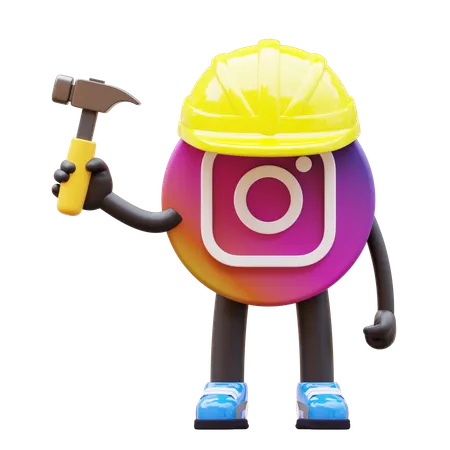 Free Instagram Logo Wearing Hardhat And Holding Hammer 3D Illustration