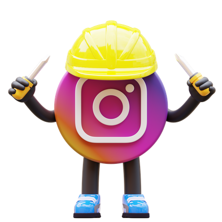Free Instagram Logo Wearing Hardhat And Holding Screwdrivers  3D Illustration