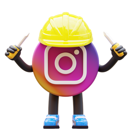 Free Instagram Logo Wearing Hardhat And Holding Screwdrivers  3D Illustration