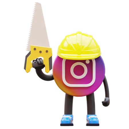 Free Instagram Logo Working With Saw And Helmet  3D Illustration