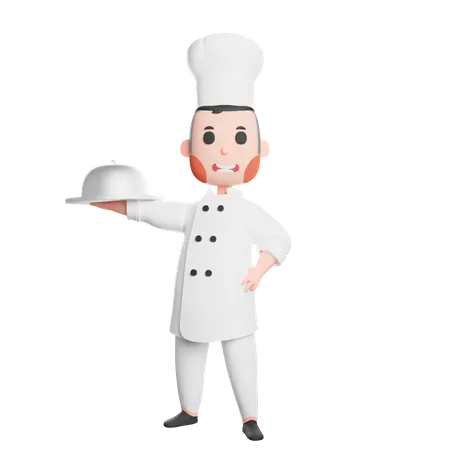Free Jovem chef sorridente segurando cloche  3D Illustration