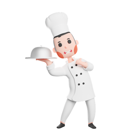 Free Joven chef sonriente sosteniendo cloche  3D Icon
