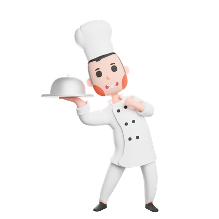 Free Joven chef sonriente sosteniendo cloche  3D Illustration