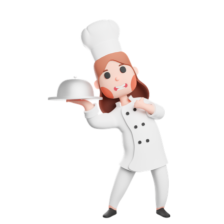 Free Joven chef sonriente sosteniendo cloche  3D Illustration