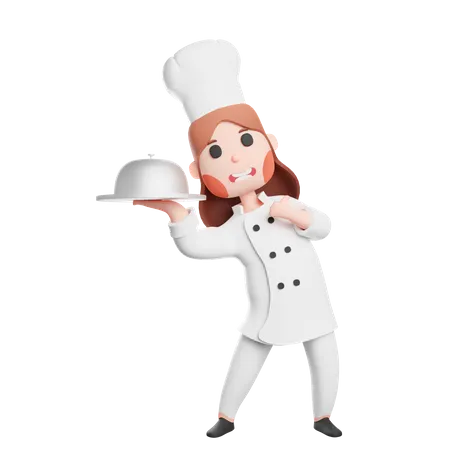 Free Joven chef sonriente sosteniendo cloche  3D Illustration