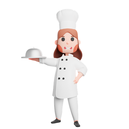 Free Joven chef sonriente sosteniendo cloche  3D Illustration