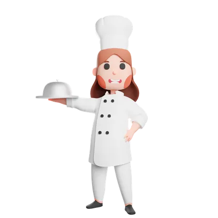 Free Joven chef sonriente sosteniendo cloche  3D Illustration