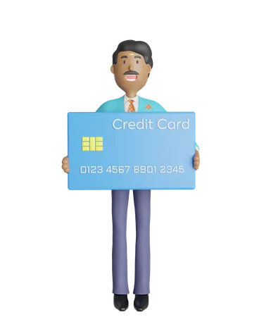 Free Joyful south Indian businessman standing and holding credit card  3D Illustration