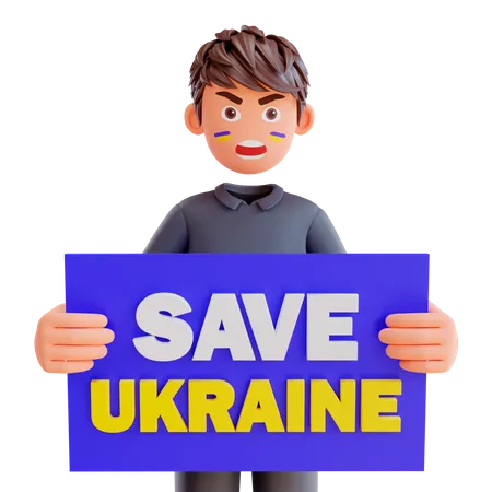 Free Junge hält Plakat zur Rettung der Ukraine  3D Illustration