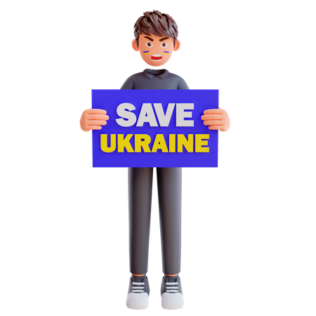 Free Junge hält Plakat „Rettet die Ukraine“  3D Illustration