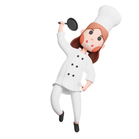 Free Lindo chef sosteniendo sartén y utensilio de espátula  3D Illustration