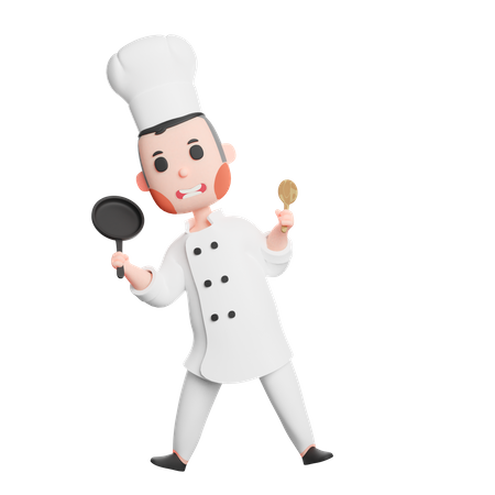 Free Lindo chef sosteniendo sartén y utensilio de espátula  3D Icon