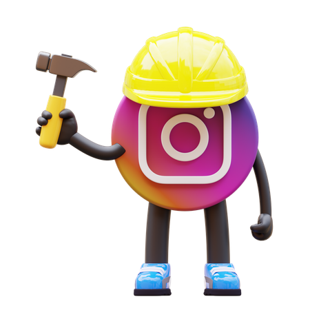 Free Logo Instagram portant un casque et tenant un marteau  3D Illustration
