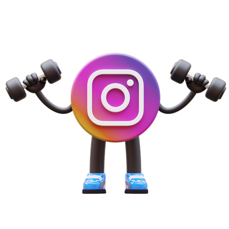 Free El logotipo de Instagram levanta pesas mientras muestra su estado físico.  3D Illustration