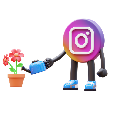 Free Logotipo de Instagram regando una flor en maceta  3D Illustration
