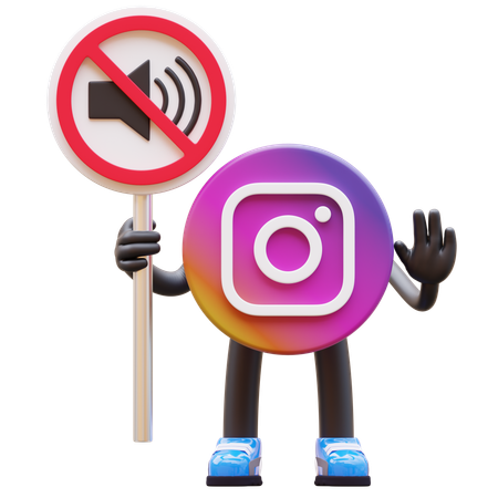 Free Logotipo do Instagram mostrando sinal de ausência de som enquanto mostra a mão de parada  3D Illustration
