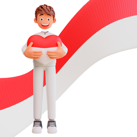 Free Man holding Indonesian flag color heart balloon  3D Illustration