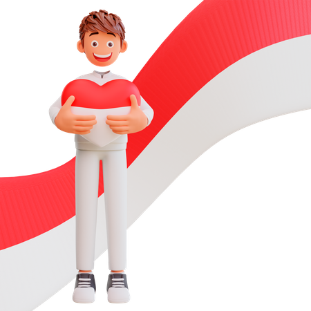 Free Man holding Indonesian flag color heart balloon 3D Illustration