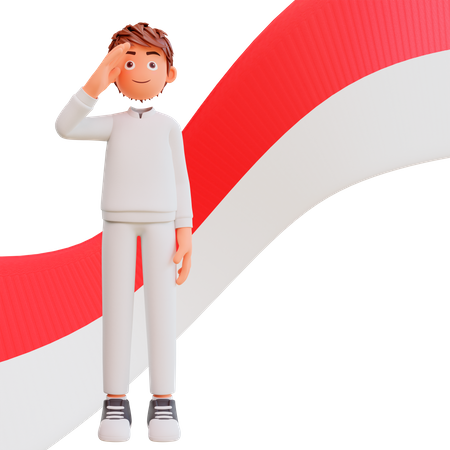 Free Man Saluting Indonesia Flag  3D Icon