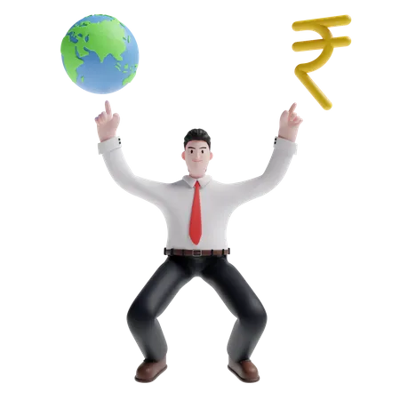 Free Man showing earth and rupee sign 3D Illustration
