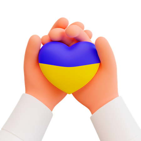 Free Manos sosteniendo un corazón con los colores de la bandera de Ucrania.  3D Icon