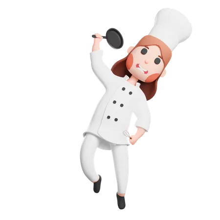 Free Chef mignon tenant une poêle à frire et un ustensile de spatule  3D Illustration